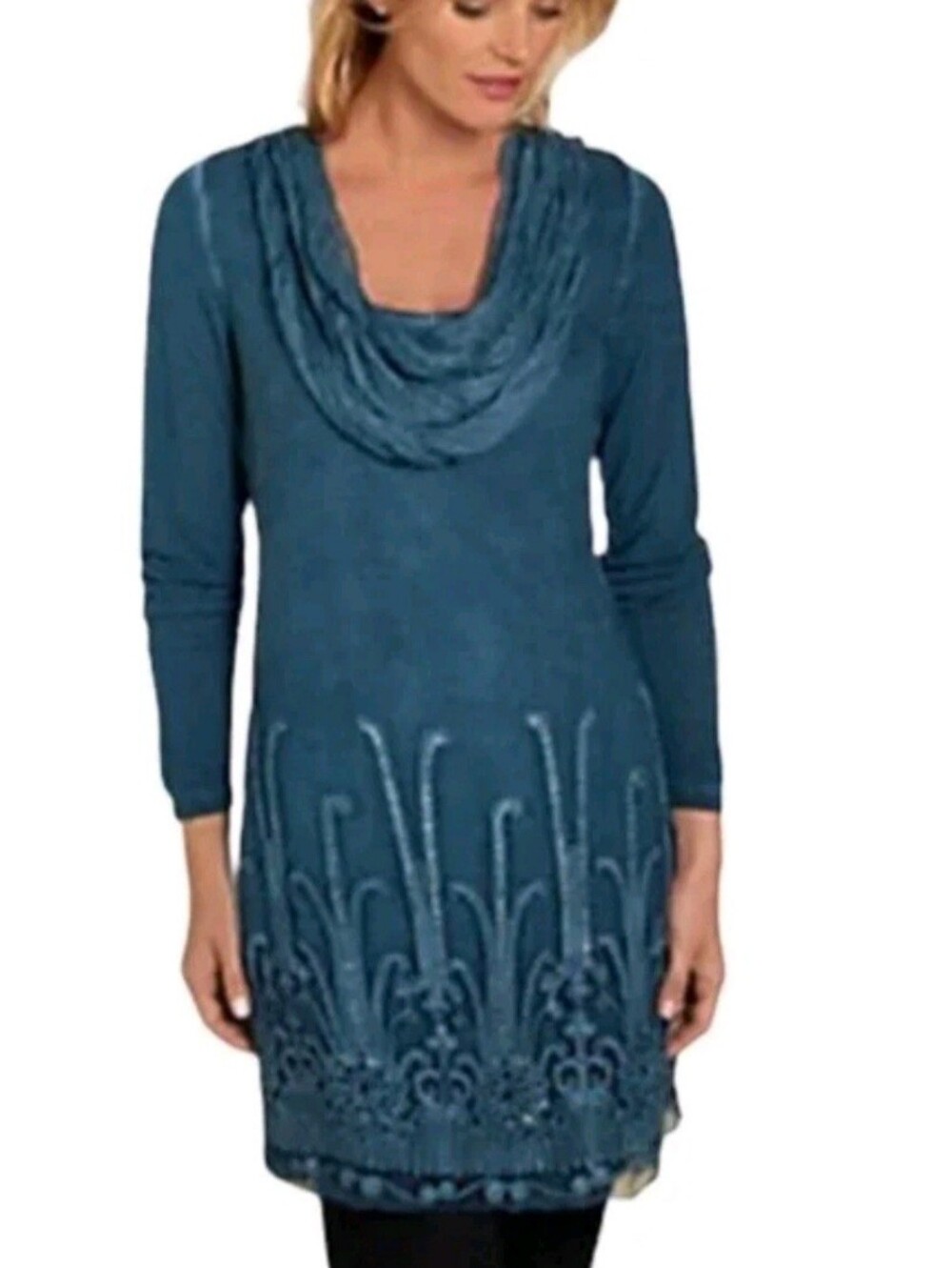 Soft surroundings blue tunic shear overlay yarn embroidery sequins 1x silk drape